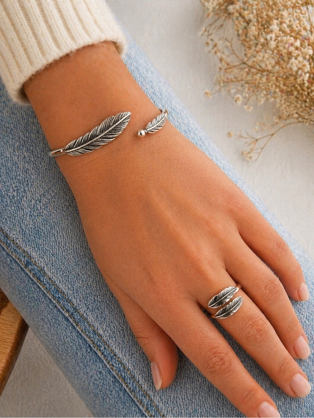 925 Sterling Silver Feather Cuff Bracelet & Wrap Ring Set New